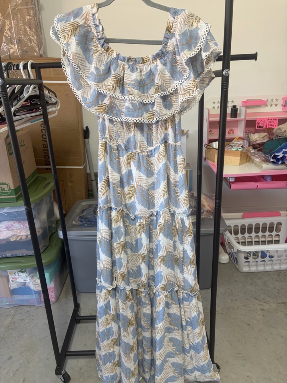 Luxxel Blue and Tan Floral Off-Shoulder Dress